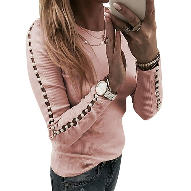 Womens Pearl Hollow Long Sleeve Slim Tops Autumn Casual Solid T Shirt Blouse Tee